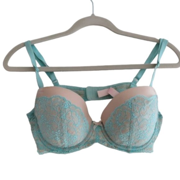 VICTORIA'S SECRET Dream Angels Lined Demi Bra in Metallic Aqua Blue Lace Sz 36C - Picture 1 of 15